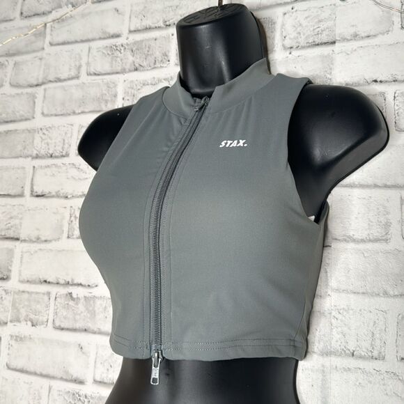 Women STAX Sports Bras & Crop Tops | Base Sleeveless Zip Tank Nandex Thyme Small - Picture 2 of 7